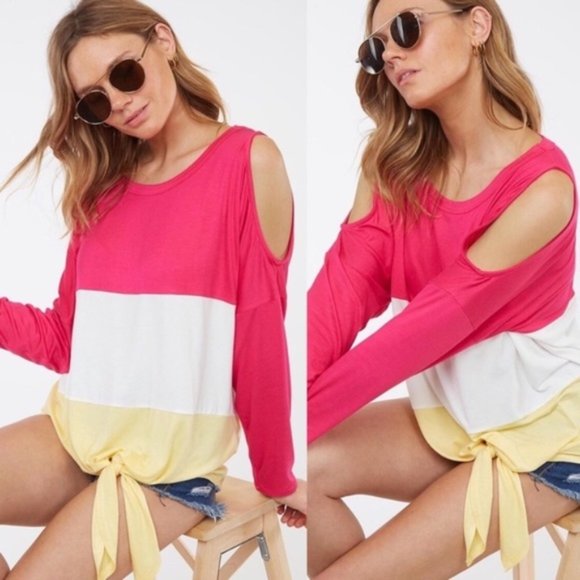 Fantastic Fawn Tops - Taryn Color Block Front Tie Cold Shoulder Top